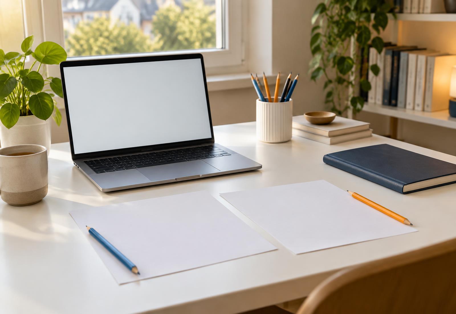Ruhiger Arbeitsplatz mit Laptop und Lernmaterialien